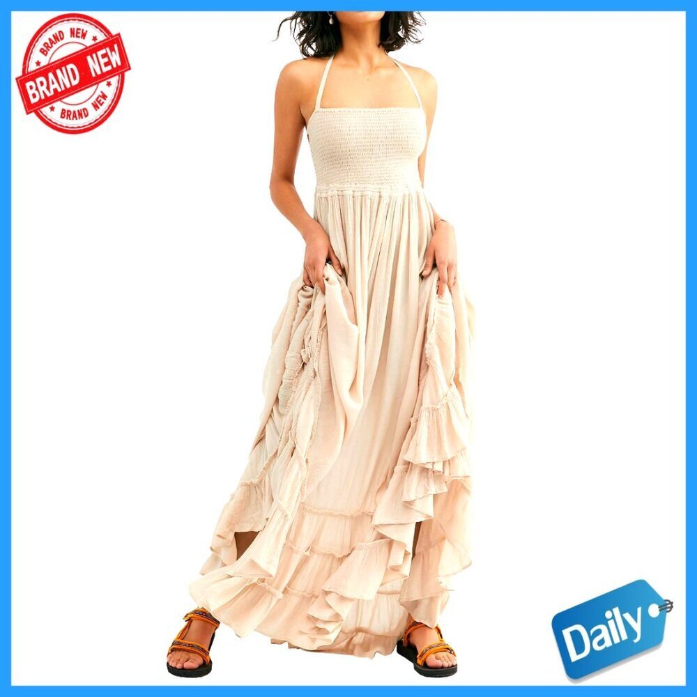 Summer Boho Backless Maxi Dress Halter Tie Waist Rayon Cotton